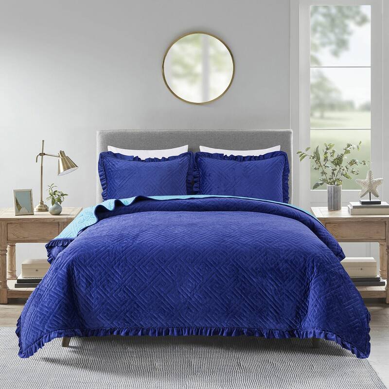 Lavish Plush Poly Velvet Quilt Set - Blue - King