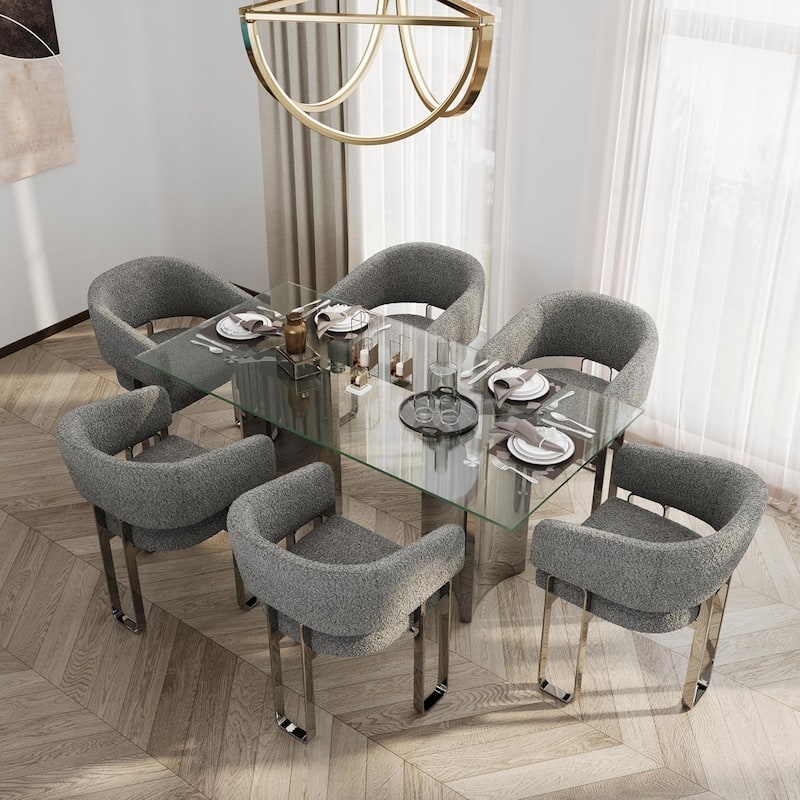 70 inch Clear Tempered Glass Dining Table Set with Grey Boucle Dining Chairs