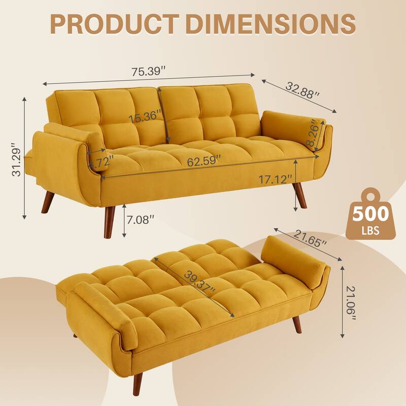 75.39 INCH Futon Sofa Bed, Convertible Folding Futon Couch Recliner Lounge For Living Room With 2 Pillow/Armrest