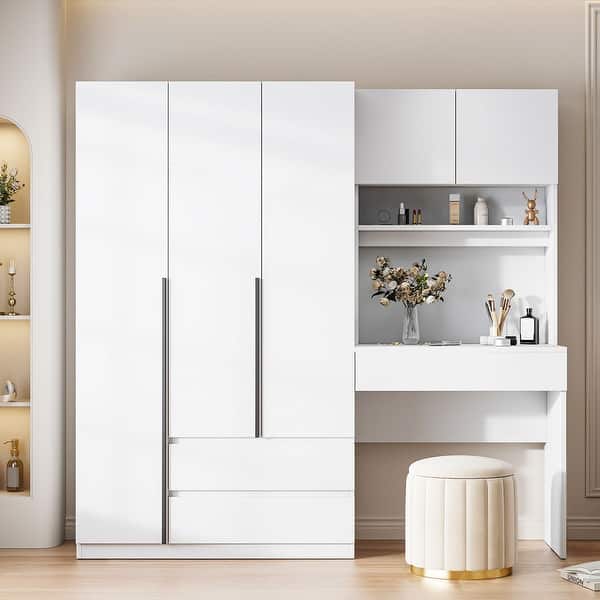 slide 2 of 22, 3-Door Wooden Storage Desk Wardrobe for Bedroom with Shelves and 3 Drawers White