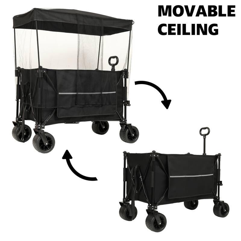 Deluxe 480lb Extended Folding Wagon with Canopy & Mosquito Net - All-Terrain Wheels, Drink Holders & Brakes