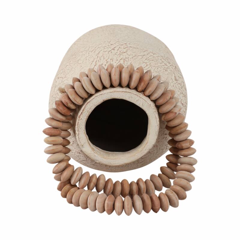 Pottery Mango Wood Vase Textured Surface and Removable Beaded Accent