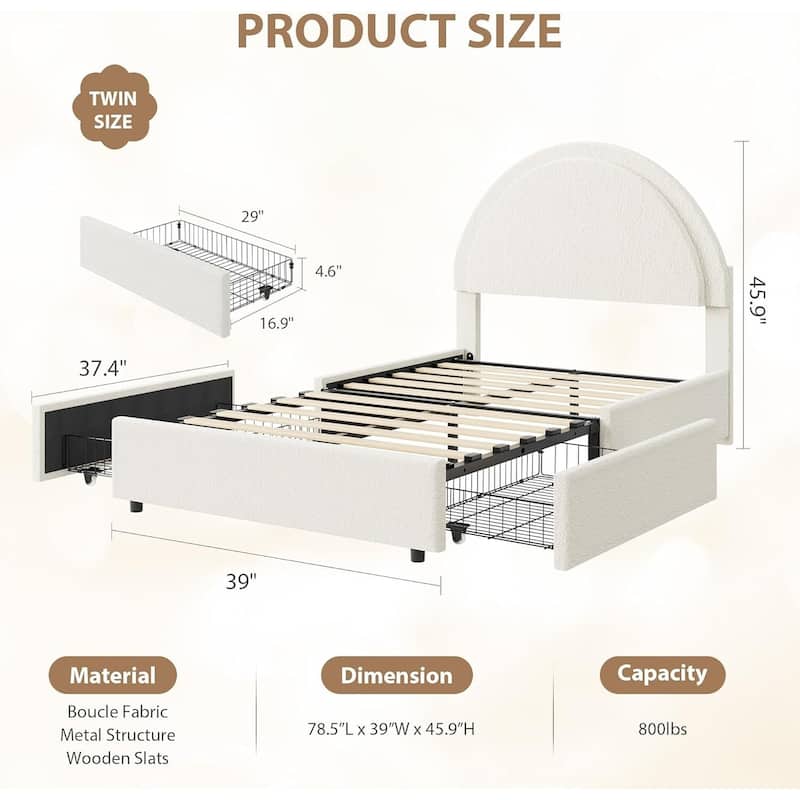 Boucle Upholstered Platform Bed Frame, with 2 Storage Drawers