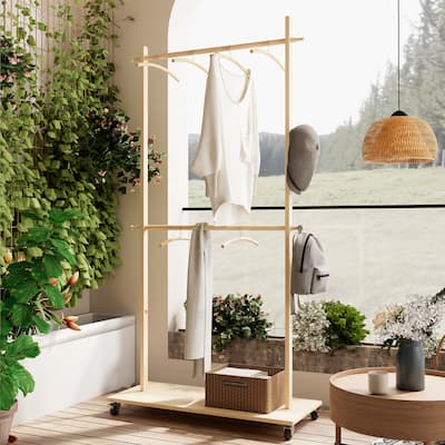 Solid Wood Garment Clothes Drying Rack with 6 Wooden Hangers, Space-Saving Design, Adjustable Shelf, and Wheels for Mobility