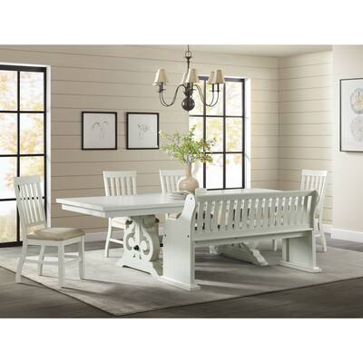 Picket House Furnishings Stanford 6PC Dining Set-Table, 4 Side Chairs & Pew Bench in White