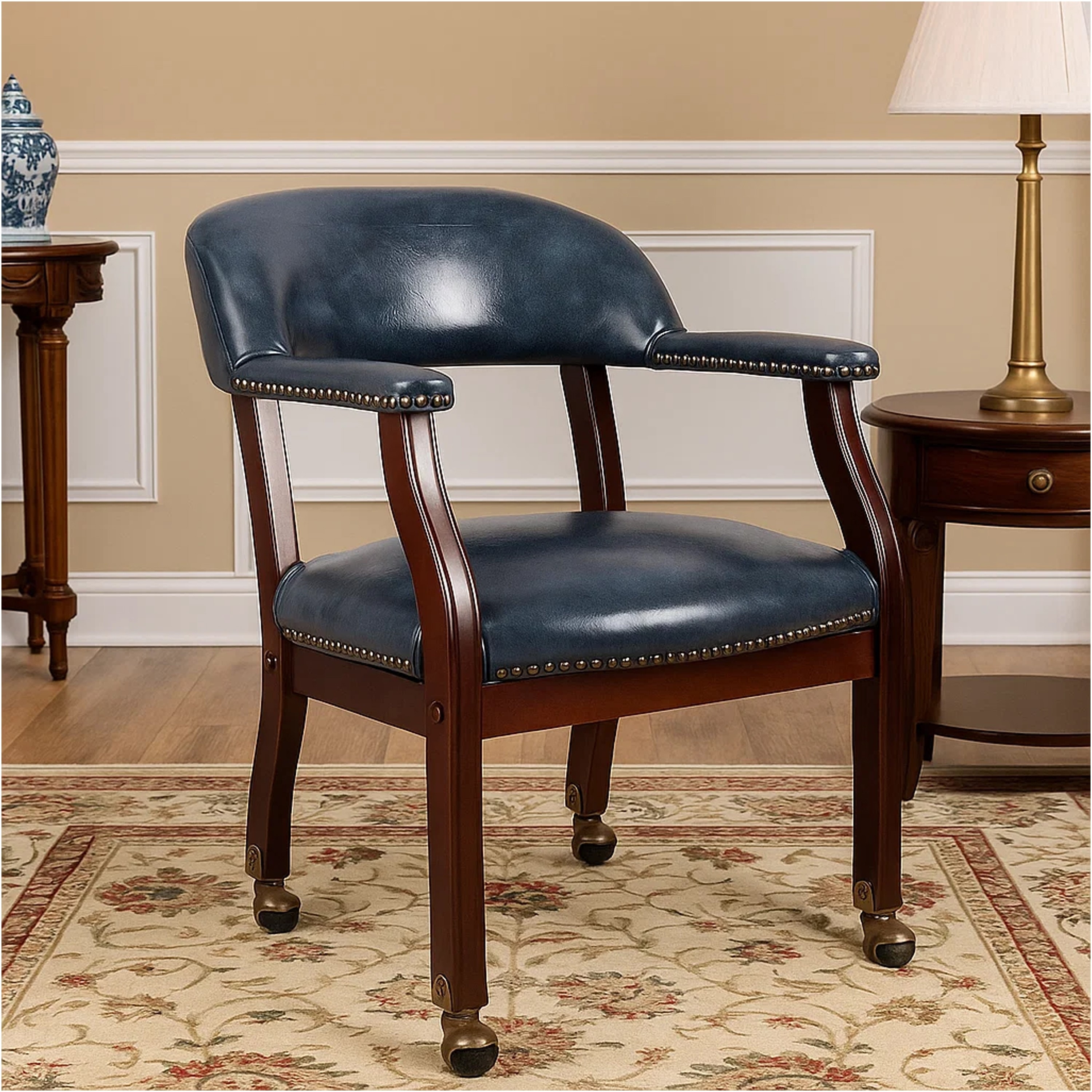 Anna Captain Chair, Brass Rivet Trim, Hooded Caster Wheels, Blue