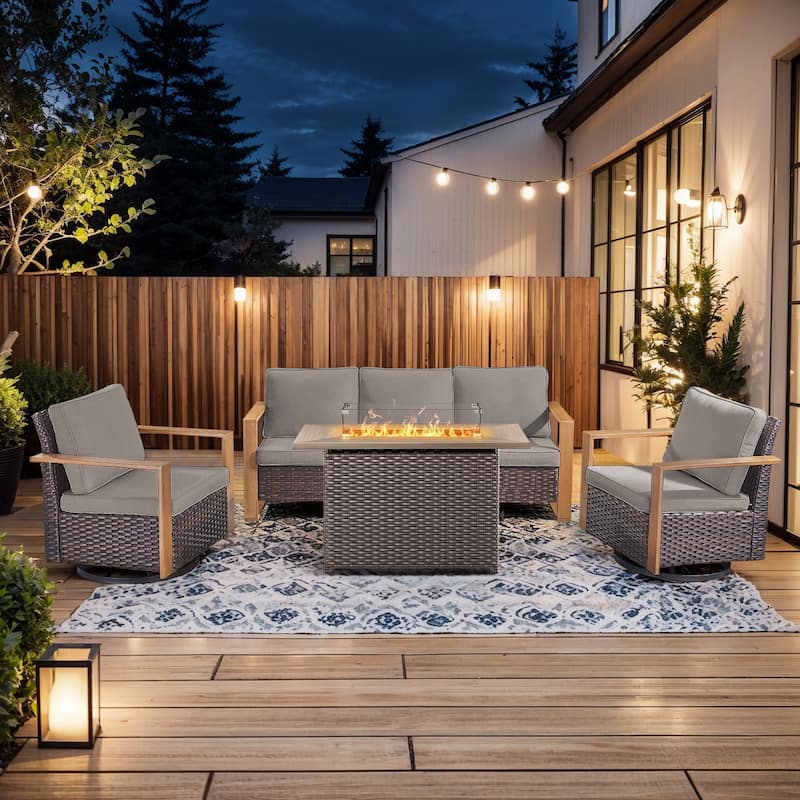 Pocassy 4 Pieces Outdoor Sofa Swivel Chair with Fire Pit Table Set - Gray cushion - Brown Wicker