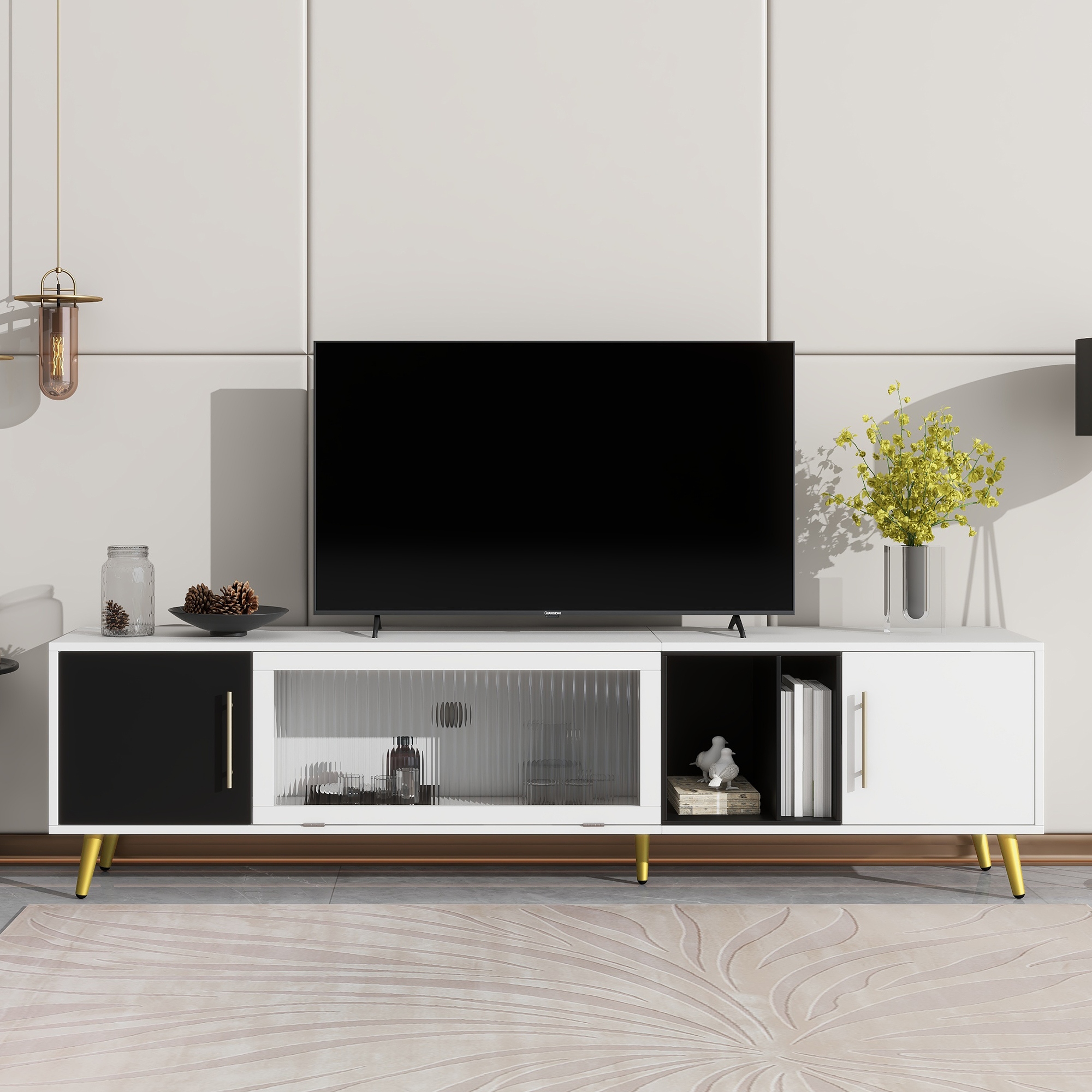 Sleek TV Stand w Fluted Glass Doors Entertainment Center for TVs