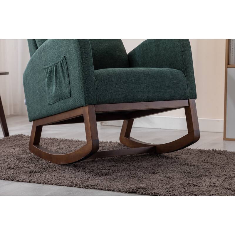 Modern Accent Upholstered Rocking Rocker High Back Arm Chair with Wooden Frame Side & Pockets for Living Room