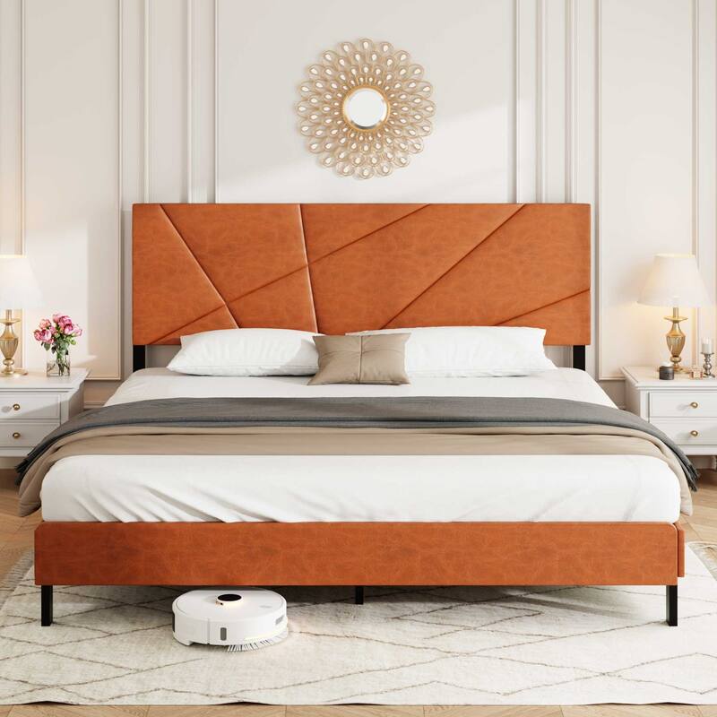 Vintage Brown Square Platform Bed Metal Low Profile Bed Frame wUnder-Bed Storage, No Box Spring Required - Full/Queen/King Size - Antique Brown - King