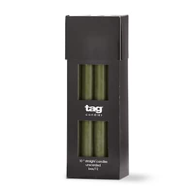 Color Studio 10" Straight Taper Unscented Smokeless Paraffin Wax Candle Olive Green, Burn Time 10 hrs. Set 12