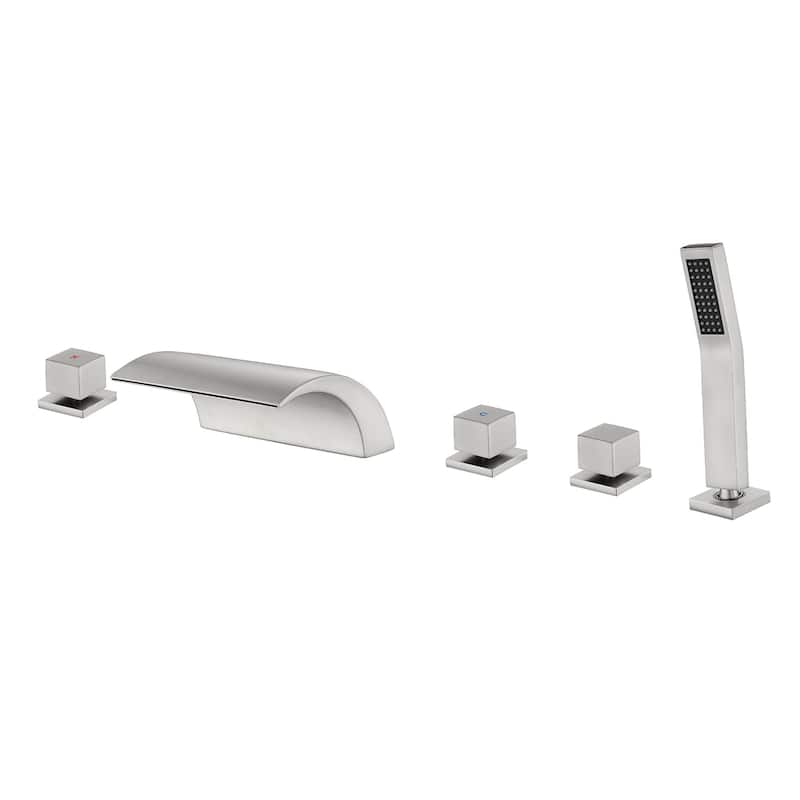 Deck Mount Tub Faucet With Hand Sprayer Brass Roman Bathtub Faucet Modern Waterfall Tub Filler With Handheld Showe - Brushed Nickel