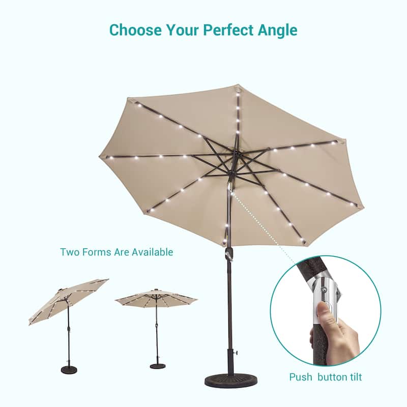 BONOSUKI 9ft Patio Solar Umbrella LED Patio Market Steel Tilt w/Crank