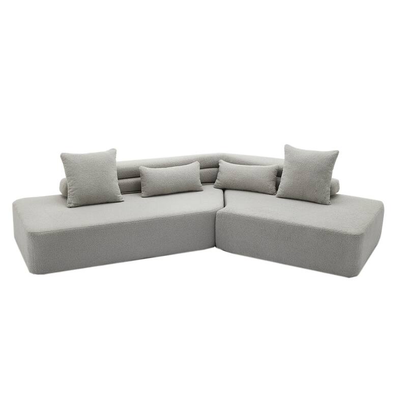 128" Polyester Modular 4-Seater Sectional Sofa with Boucle Teddy Fabric, Pocket Spring Support, and No Assembly Required