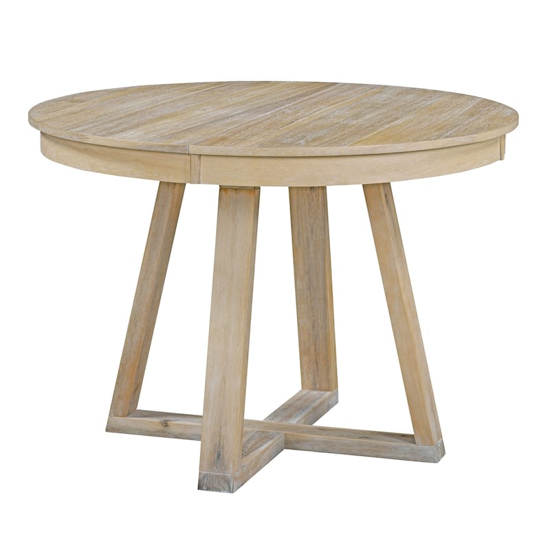 5 Piece Extendable Round Dining Table Set, Wooden Kitchen Furniture Set with Removable Leaf and 4 Upholstered Chairs