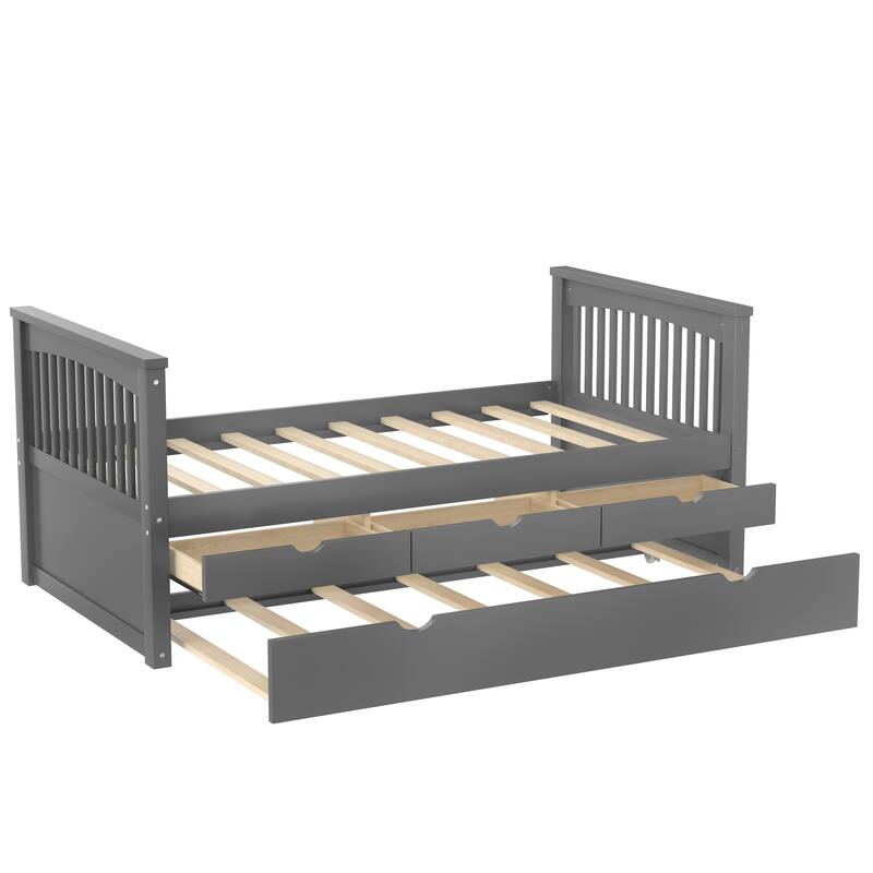 Twin Platform Bed with Drawers and Trundle, Solid Wood Daybed, No Spring Box Needed