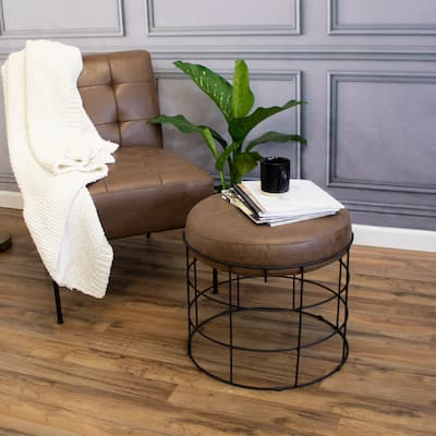 Kotter Home Round Faux Leather Ottoman with Metal Base
