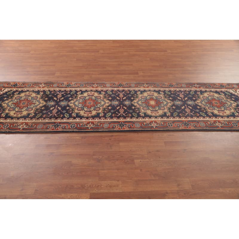 Navy Blue Heriz Serapi Runner Rug Hand-Knotted Wool Carpet - 2'7"x 9'10"