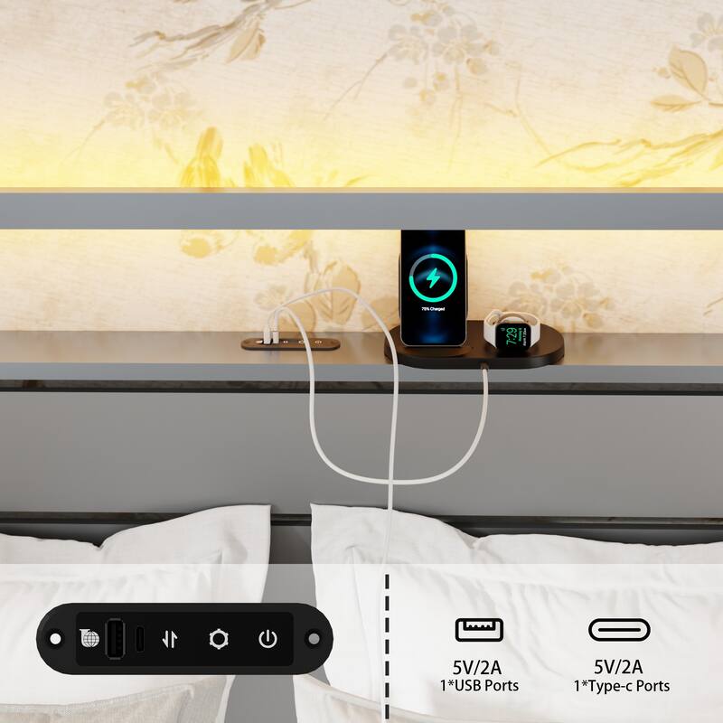 LED Queen Bed Frame Heavy Duty Queen Bed Frame with Headboard and Charging Station