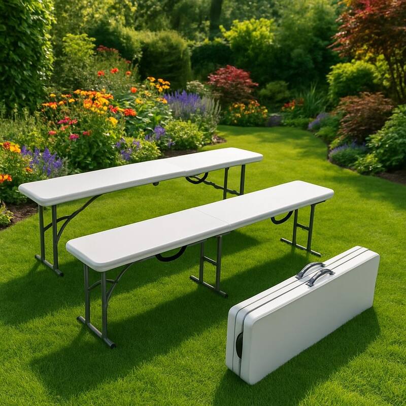 2 PCS Portable Folding Bench with Carrying Handle for Outdoor Picnic Camping Party Sports - N/A - White