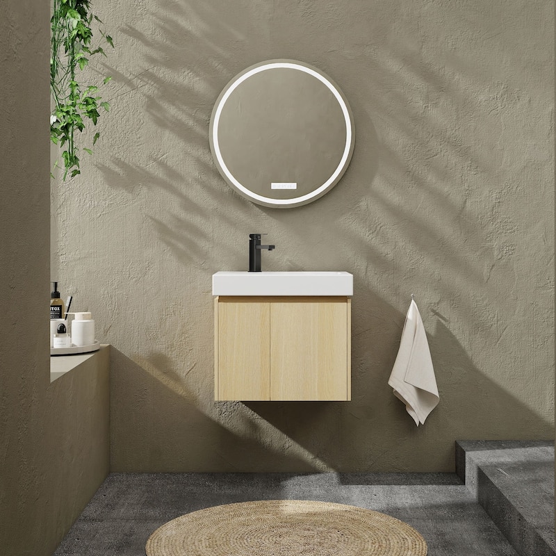 24 in. W Single Sink Wall-Mounted Bath Vanity with White Resin Top - Oak