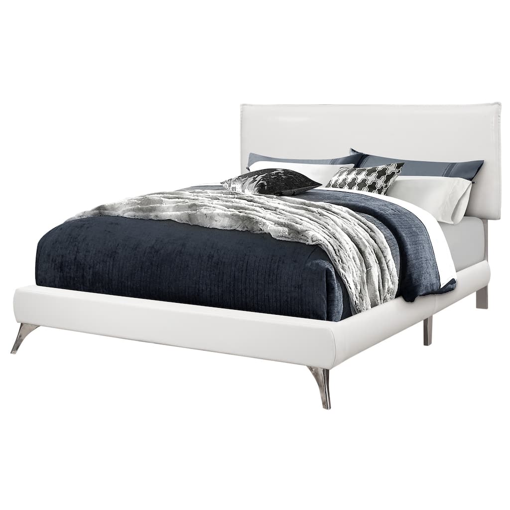 Queen Upholstered Platform Bed in White PU Leather with Chrome Legs and Modern Low Profile Design