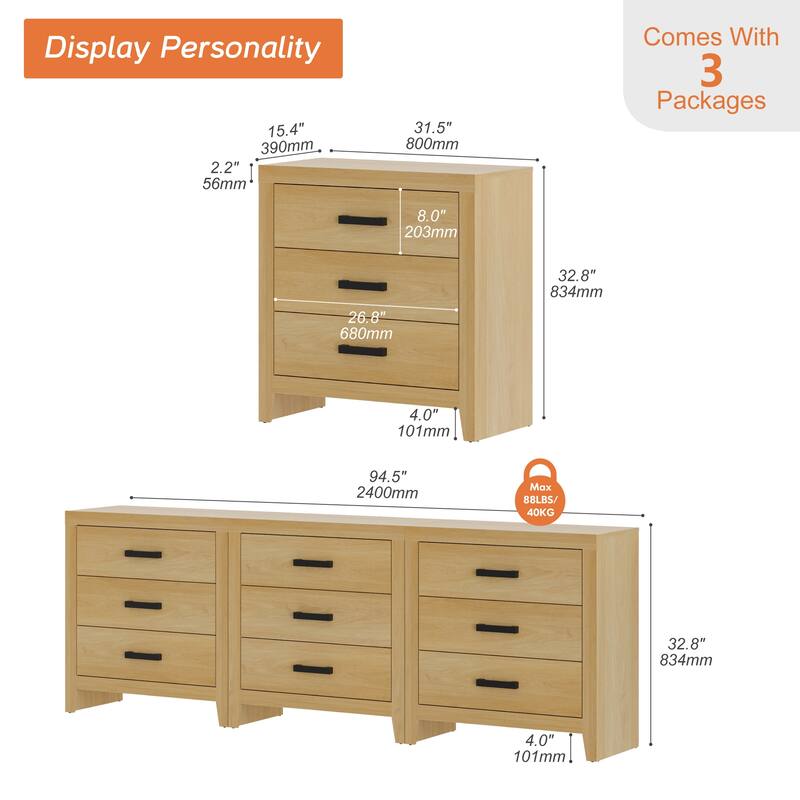 WAMPAT Farmhouse 3-Drawer Dresser, Wooden Chest of Drawers, Modern Storage Organizer & Nightstand for Bedroom, Living Room