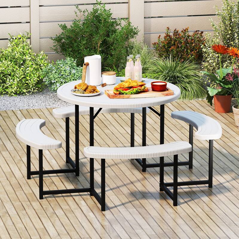 HDPE Round Picnic Table Set with 4 Benches and Umbrella Hole Perfect for Patio or Balcony - White