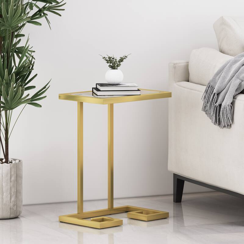Roomfitters Modern C Shaped End Table with Metal Frame, Sofa Side Table for Living Room or Bedroom, Gold