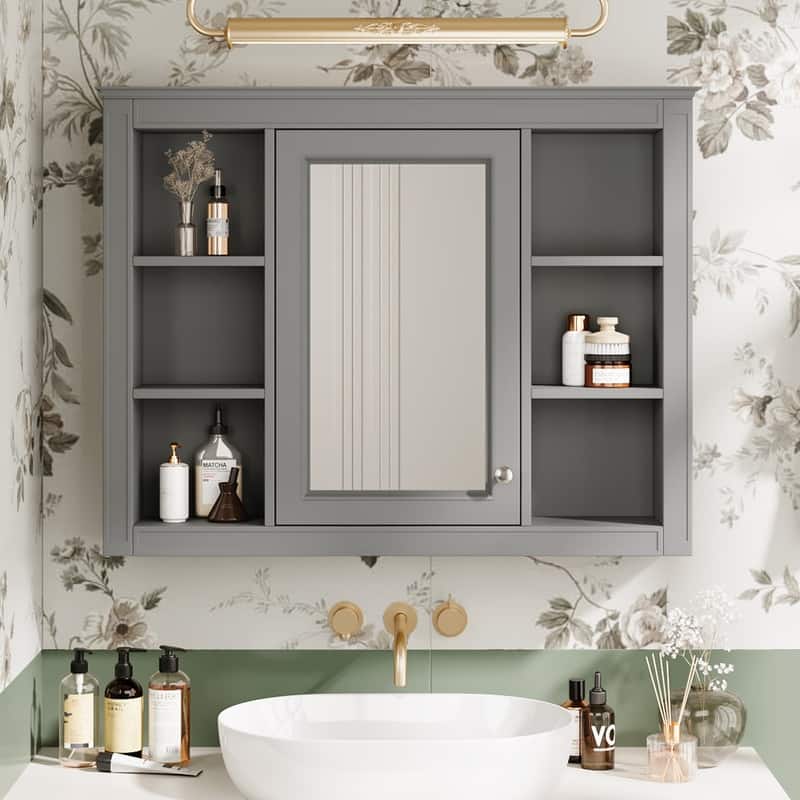 35'' x 27.5'' Modern Bathroom Wall Medicine Cabinet, Wall Mounted Bathroom Storage Cabinet with Mirror and 6 Open Shelves - N/A