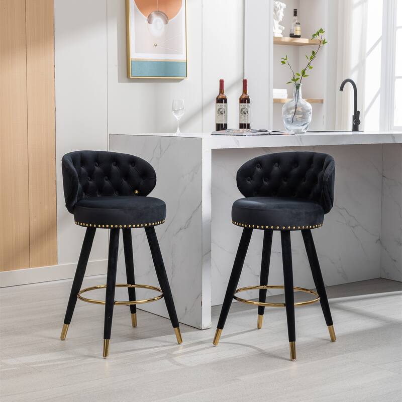Set of 2 Counter Height Velvet Bar Stools with Solid Wood Legs