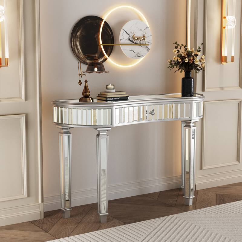 47" Half-Moon Mirrored Console Table with Crystal Knob Drawer - Grey+Silver