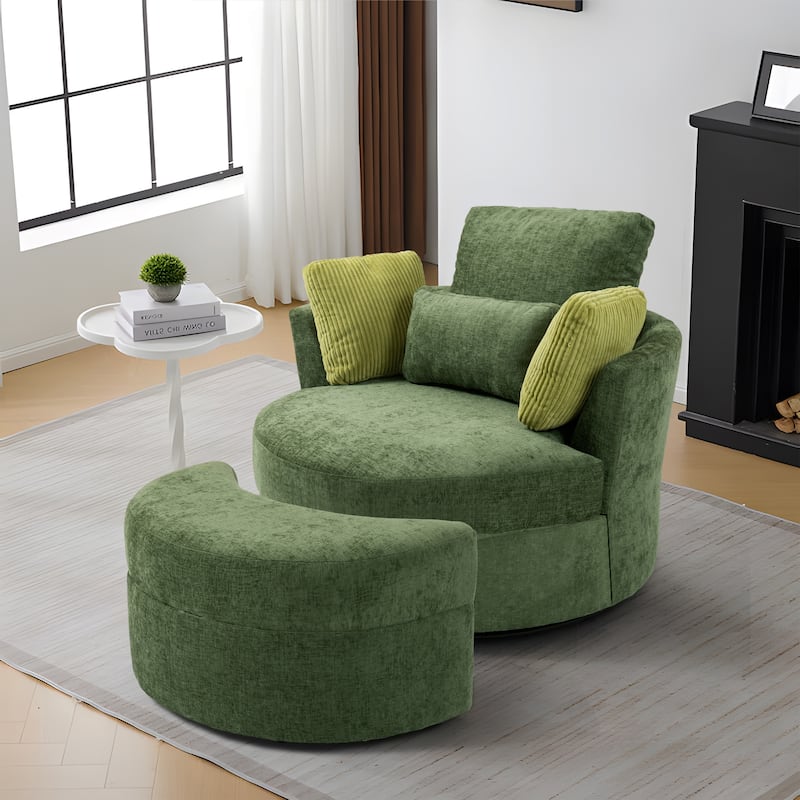 Upholstered Swivel Accent Chair with Wooden Tray Storage Ottoman