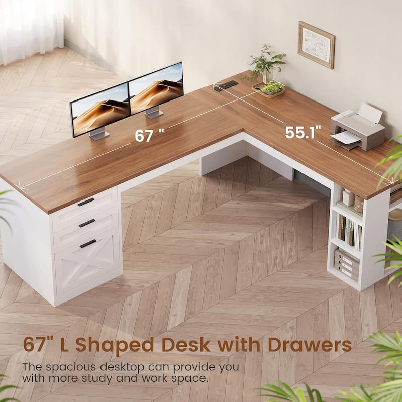 Farmhouse Executive L Shaped Desk Home Office Desk with Drawers and Storage Cabinet & Power Outlet