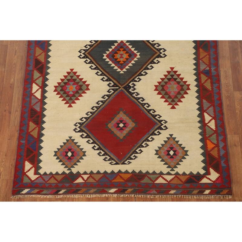 Beige Kilim Qashqai Persian Vintage Area Rug Hand-Woven Wool Carpet - 4'11" x 7'9"