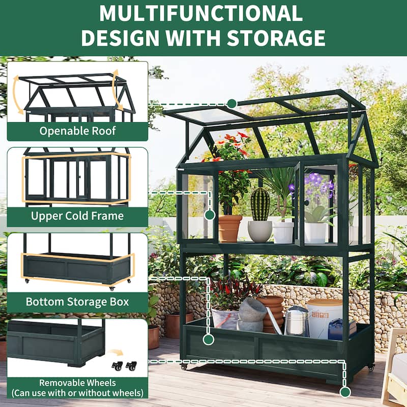 Roomfitters Portable Wooden Cold Frame Greenhouse with Wheels, Openable Roof and Storage Box for Garden Plants