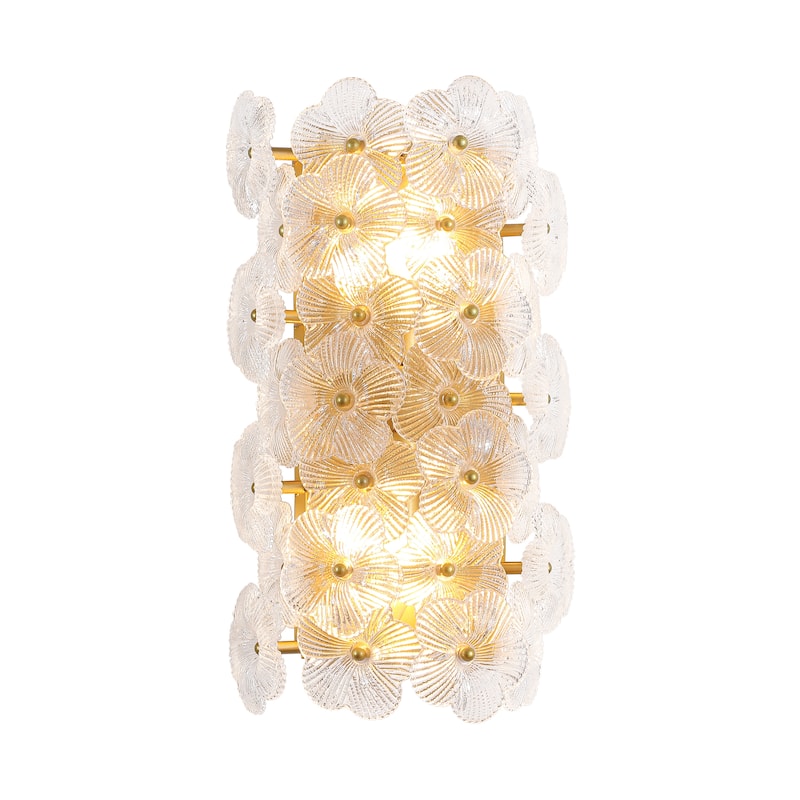 Starsky 2-Light Gold Floral Glass Wall Sconce ,Decorative Wall Lamp with Textured Glass Shade for Indoor Spaces