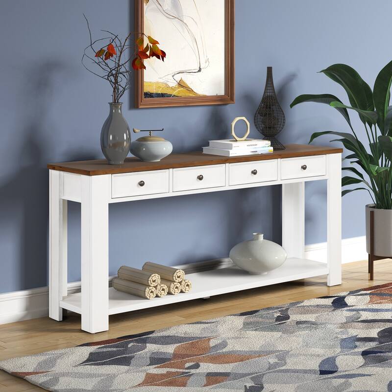 63" Pine Console Table with 4 Drawers & Open Bottom Shelf, Classic Retro Long Entryway Table Sofa Table for Living Room Entryway - White
