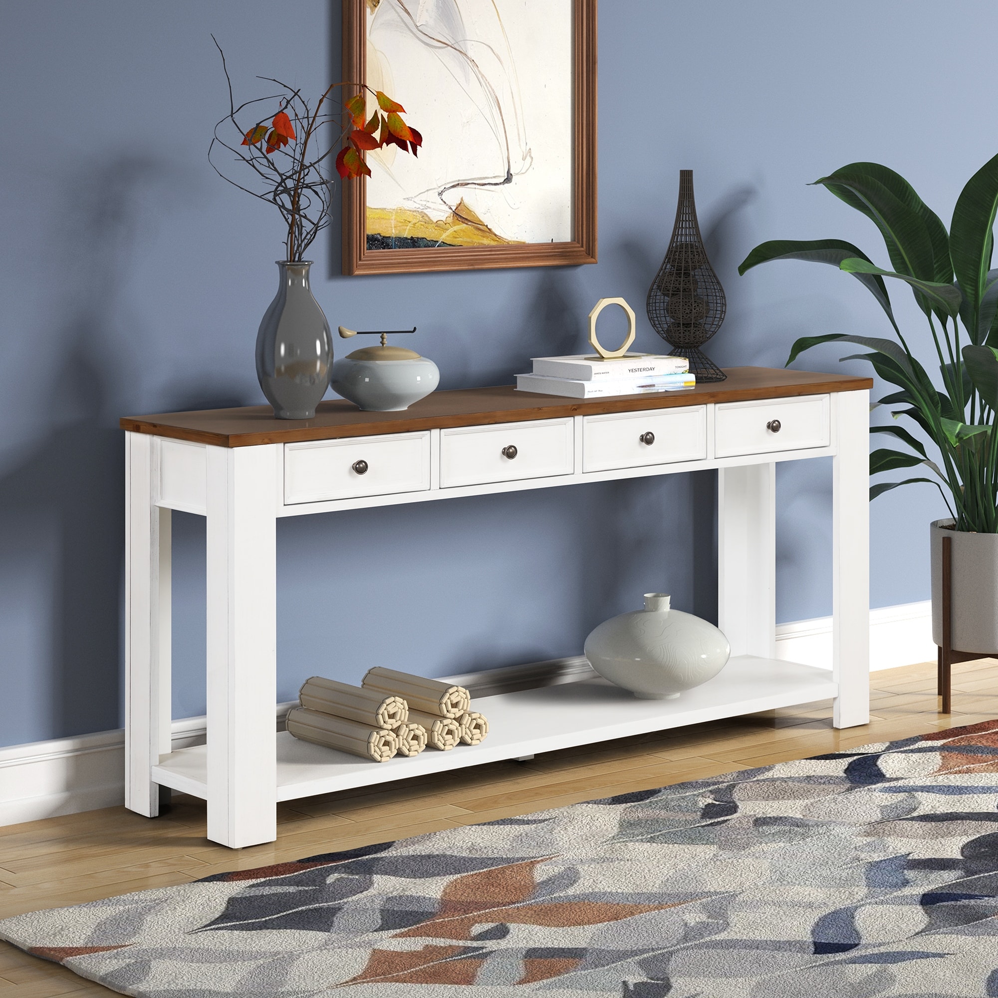 63" Pine Console Table with 4 Drawers & Open Bottom Shelf, Classic Retro Long Entryway Table Sofa Table for Living Room Entryway
