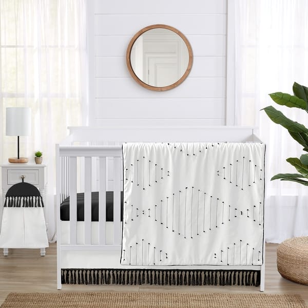 slide 2 of 6, Sweet Jojo Designs Black White Boho Stitch Boy Girl Gender Neutral Unisex 4p Nursery Crib Bedding Set Farmhouse Bohemian Fringe
