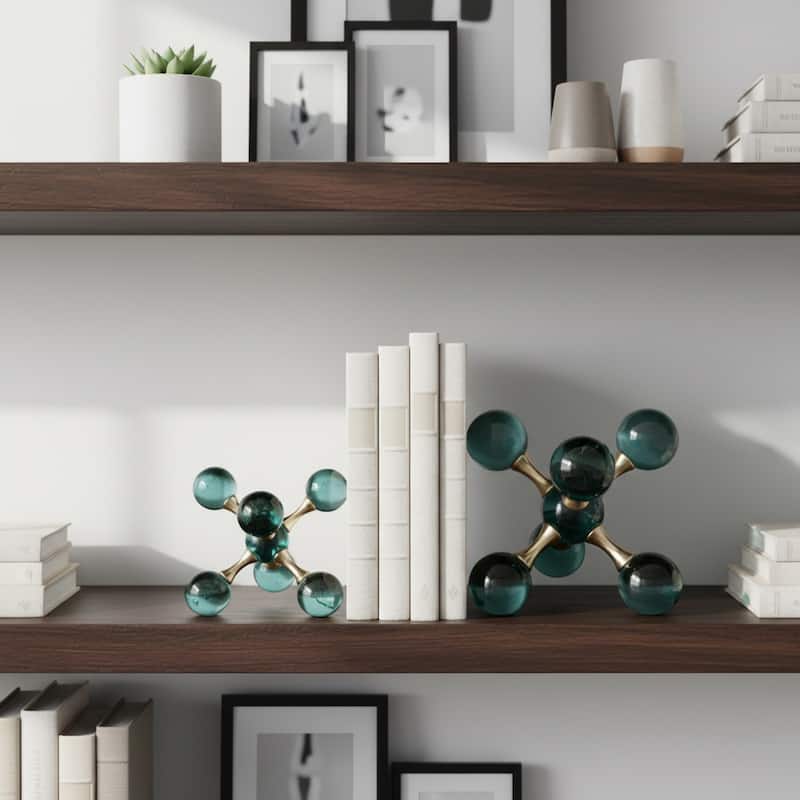 Decorative Glass Jack Book Ends - Set of 2, 7", Green & Gold