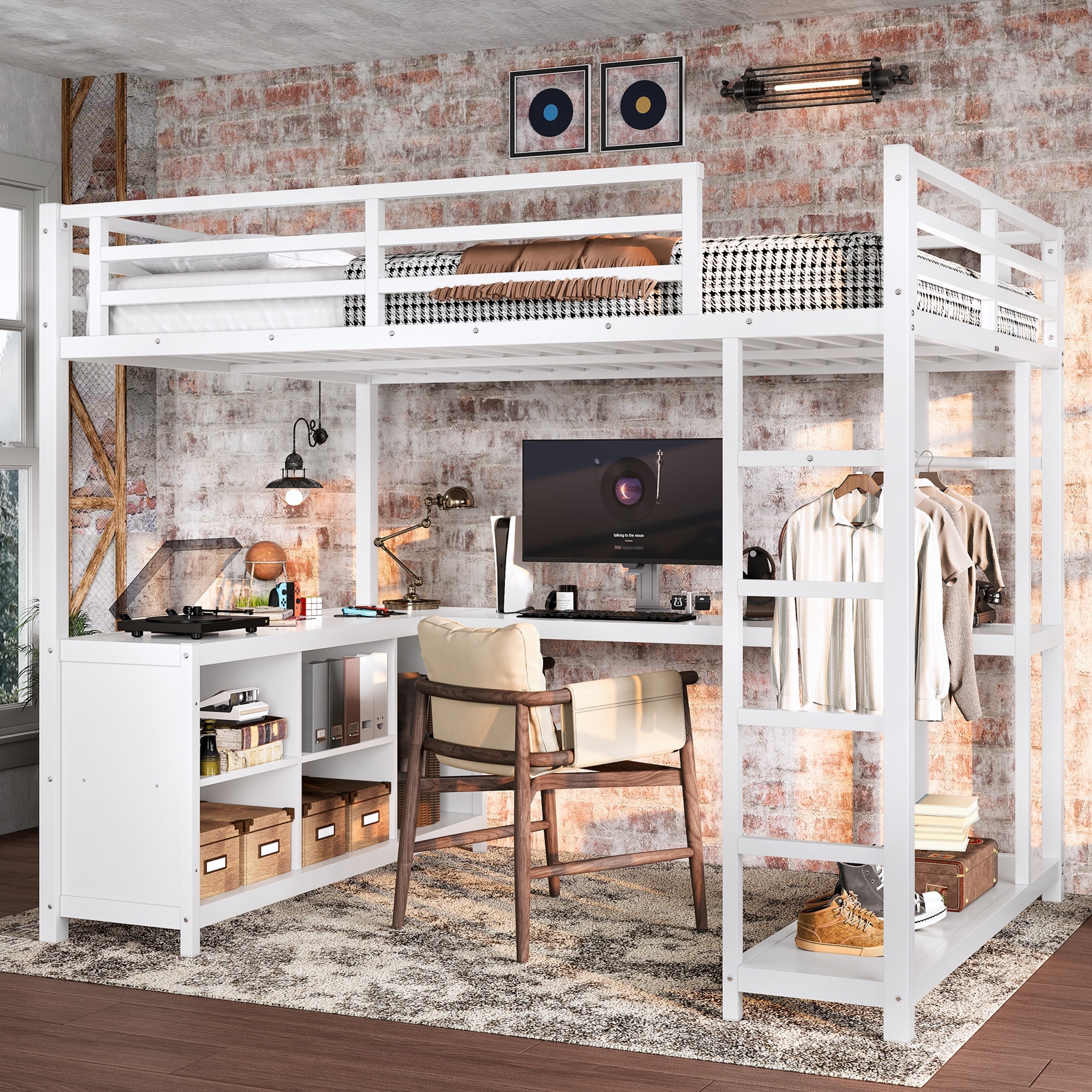 Full Size Metal Loft Bed w/Wardrobe, L-Shaped Desk, Storage Cubes, Shelves
