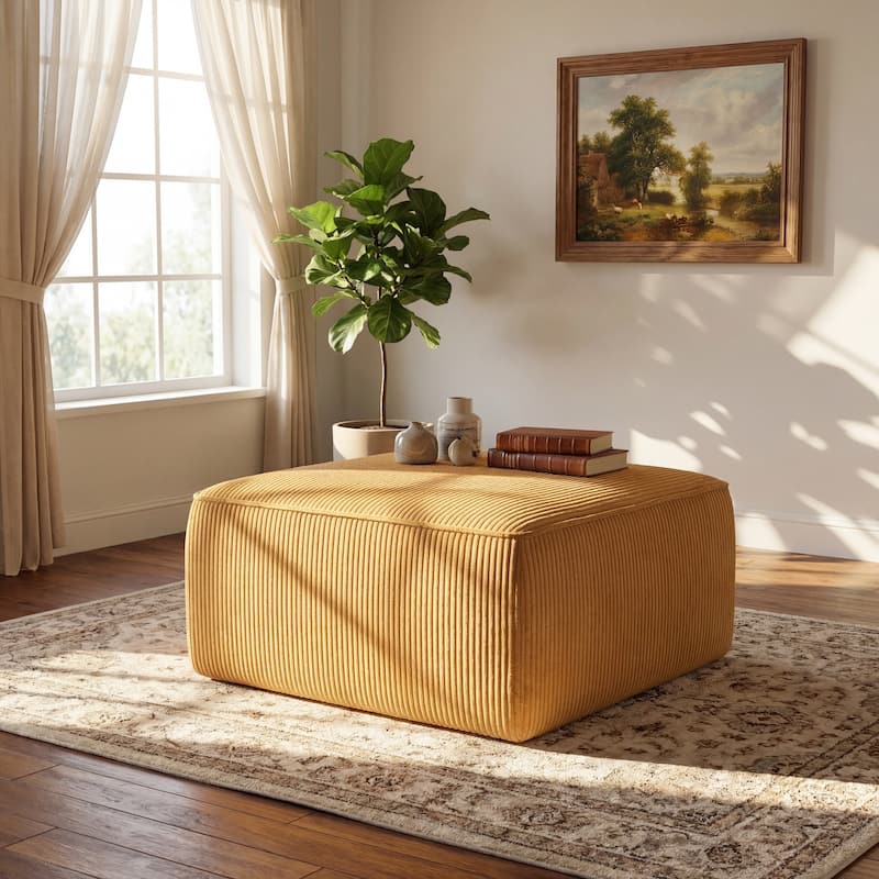 Christopher Knight Home - Modern Upholstered Corduroy Square Ottoman for Living Room with Plush Foam Cushion - Yellow