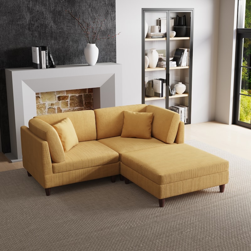 Corduroy Modular Sectional Sofa Set With Ottoman - 3 Pieces/Orange - Symmetrical
