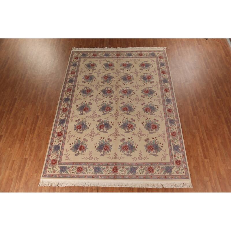 Floral Ivory Aubusson Chinese Area Rug Hand-Knotted Wool Carpet - 9'1"x 12'1"