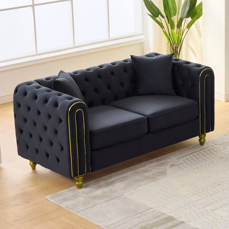 Roomfitters 86" and 63" Modern Tuxedo Chesterfield Sofa and Loveseat Set with Gold Trim, Button Back 2-Piece Couch Set