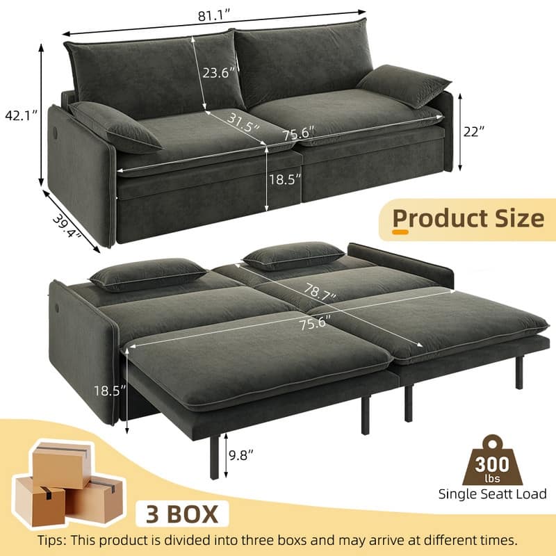 Convertible Sleeper Sofa Bed with Storage and USB Port Modern Chenille Fabric for Versatile Living Spaces