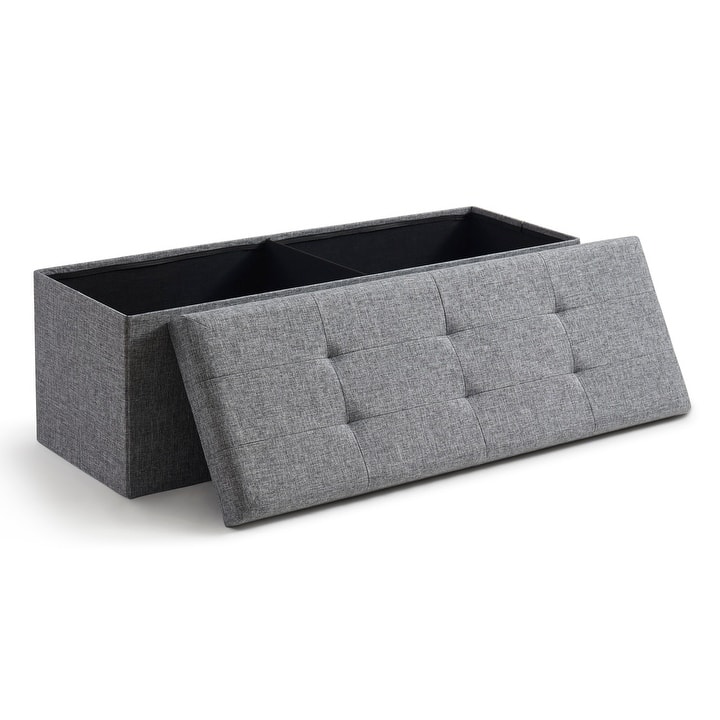 Foldable Tufted Linen Storage Ottoman Bench