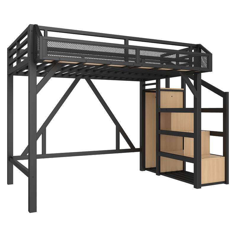 Roomfitters Metal Loft Bed with Wardrobe and Storage Stairs, LED Lights and USB