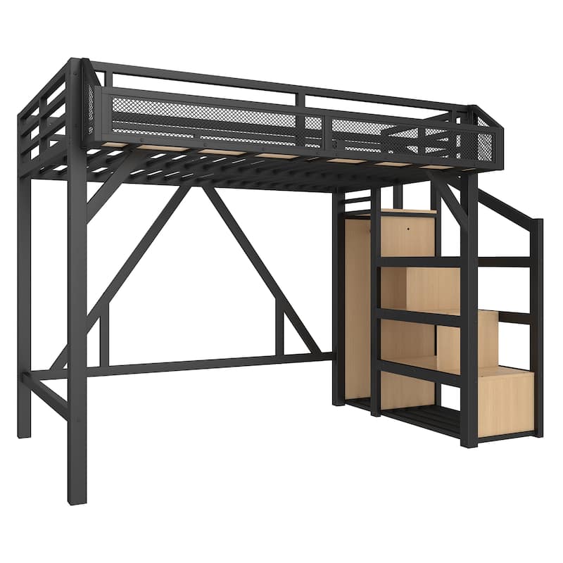 Twin XL/Twin Metal Loft Bed with Storage Stairs, Wardrobe, USB Ports & LED Lights